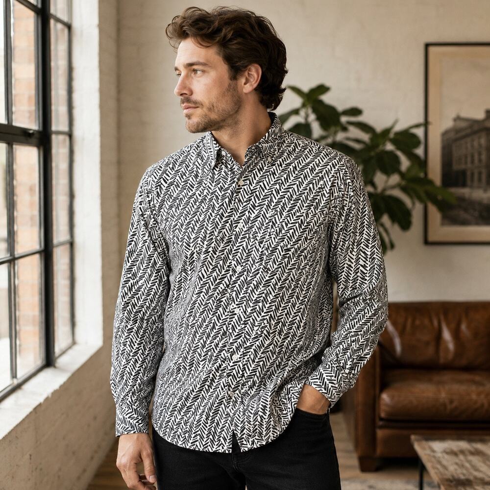 Generra Mens  L 16 Black White Abstract Print Button Down Shirt Vintage Style